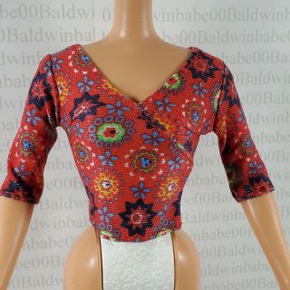 Top Barbie Doll Deep Red Print Faux Wrap Half Sleeve Shirt Accessory Clothing