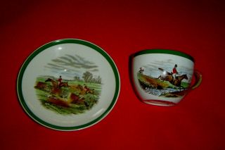 2 Pc.  Vintage Copeland Spode Fox Hunting Scenes Jf Herring 1cup &1saucer.  " D "