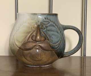 Vintage Pottery Craft Large Coffee Mug Raised Face Mustache Man Stoneware 4.  5 "
