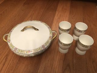 Noritake " M " Arleigh Pattern Covered Bowl And Four Egg Cups Gold Rims
