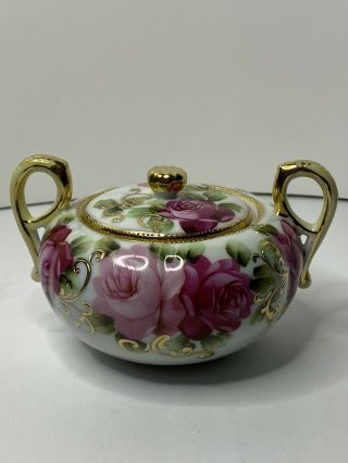 Vintage Hand Painted Nippon Sugar Bowl With Lid Moriage Rose Gold Floral