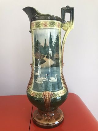 Italian Majolica Porcelain Swan Ewer Pitcher Vase Colorful Landscape Scene