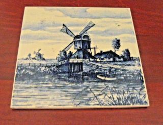 Delfts Hand Painted Trivet/tile Windmill Waterfront Scene 6 " Holland Vgc