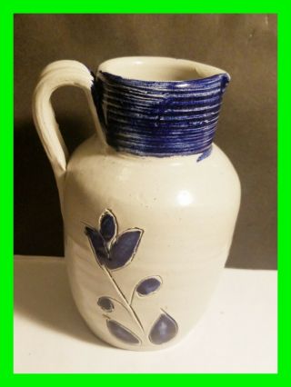 Williamsburg Salt Glazed Stoneware Pottery Cobalt Blue Leaf Pitcher 5 " Tall