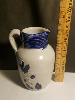 WILLIAMSBURG Salt Glazed Stoneware Pottery Cobalt Blue Leaf Pitcher 5 