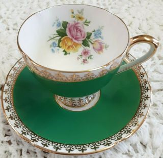Taylor And Kent Bone China Cup And Saucer,  Green With Golden Trim,  England