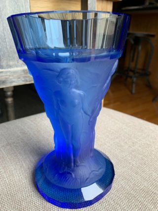 Vintage Bohemian Czech Art Deco Nude Blue Glass Goblet By Heinrich Hoffmann
