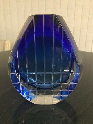 Signed Baccarat Crystal Cobalt Blue Cut Glass Neptune Vase 7 3/8 "
