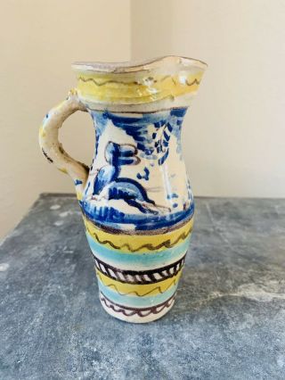 Vintage Handmade Ewer Vase Mid Century Italy Bunny Rabbit Blue And Yellow Rustic