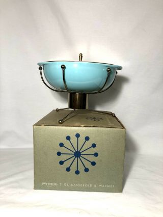 1956 Pyrex Ufo Turquoise 2 Qt Deluxe Casserole With Warmer And Box