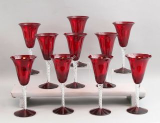 10 Vintage Mid - Century Blenko Art Glass Red Air Twist Wine Water Glasses Goblets