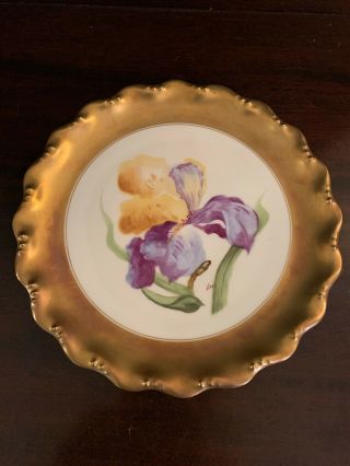 Antique Hand Painted Limoges France Ldbc Flambeau Iris Flower Plate Gold Purple