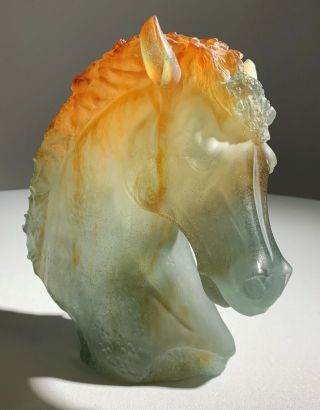 Daum Art Glass Andalusian Pate De Verre Horse Head Sculpture Amber Grey W/ Box