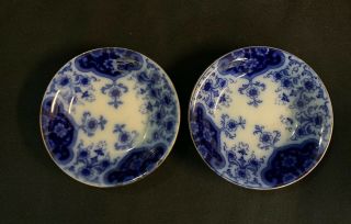 Antique Flow Blue Germany Porcelain Berry Bowl Gold Trim Matching Pair Set