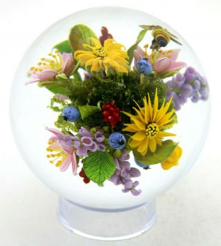 Large Marvelous Paul Stankard Floral Honey Bee Garden Art Glass Orb Marble 3.  4 "