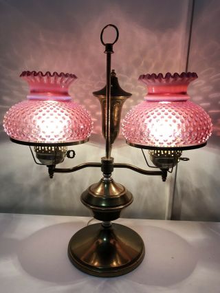 Brass Table Lamp W/ 2 Vintage Fenton Cranberry Opalescent Hobnail Shades 6 - 3/4”