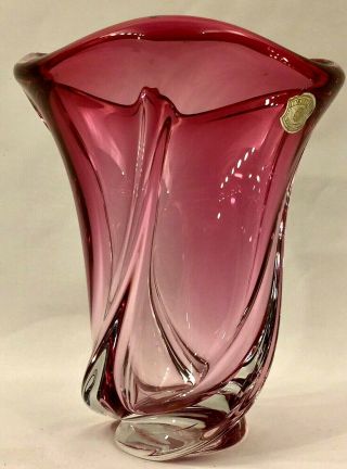 Stunning Vintage Val St Lambert Art Glass Crystal Cranberry To Clear Swirl Vase