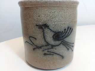 Rockdale Union Stoneware Salt Glaze Crock Cobalt Blue Bird Art Pottery 1985 4.  4 "