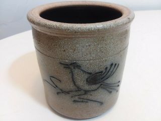 Rockdale Union Stoneware Salt Glaze Crock Cobalt Blue Bird Art Pottery 1985 4.  4 