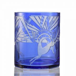 C.  1930s Hadez Art Deco Acid Etched Blue Glass Gazelle Vase