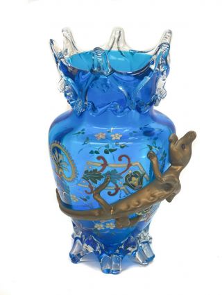 Stevens And Williams Stourbridge Blue Art Glass Footed Vase,  Applied Lizard