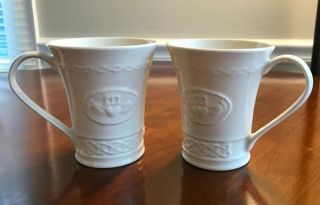 Set Of 2 Belleek Claddagh Ivory Porcelain Mugs 10 Oz Ireland Euc -