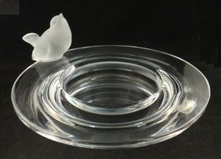 Vintage Lg.  & Heavy Lalique Crystal Bowl W/bird Perched On Rim.  Signed.  11 3/4 "