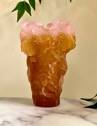 Daum Pate De Verre French Crystal Hibiscus Pink Vase 2