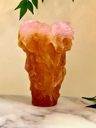 Daum Pate De Verre French Crystal Hibiscus Pink Vase 4
