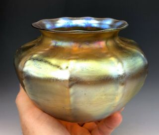 Tiffany Studios Gold Favrile Glass Ribbed Sides Rose Bowl Ruffled Rim 1918
