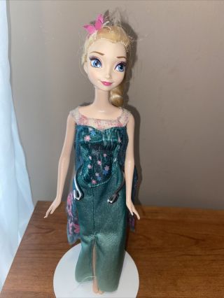 Disney Mattel Frozen Fever Elsa Flower Barbie Sized 11 " Doll With Teal Pink Dress
