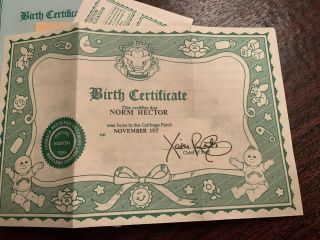 Preemie Cabbage Patch Doll Birth Certificate & Adoption Papers Norm Hector
