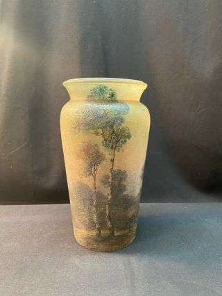 Vintage Handel Teroma Art Glass Vase Chipped Ice Landscape 10in