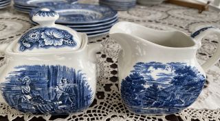 Liberty Blue China Lidded Sugar Bowl & Creamer Paul Revere Betsy Ross England