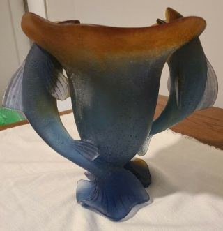 Daum France Pate De Verre Double Fish Handled Vase,  Amber to Cobalt Blue Signed 3