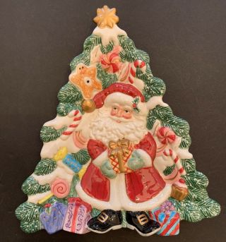 Fitz And Floyd Holiday Tree Santa Canape Plate Triangular 9.  5 " W X 10 1/4 " H