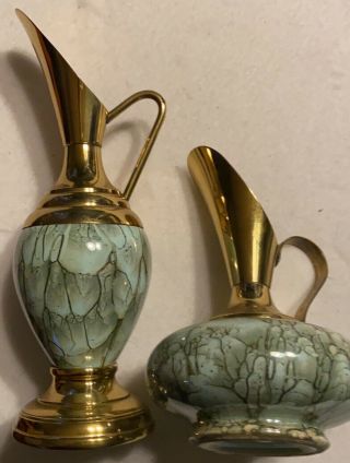 Set Of 2 Delft Pottery Brass Pitcher Vases Marbled Aqua Hand Painted Holland