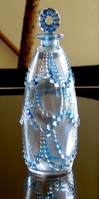 Rene Lalique 1926: " Palerme " Perfume Bottle W/ Blue Patina.  4 3/4 " Tall.  Vg Cond
