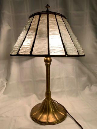 Signed Tiffany Studios York 1910 Gilded Lamp W/ Linen Fold Shade