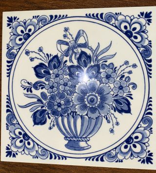 Holland Delft Blue & White Ceramic Tile Schoonhoven Keramiek Flowers Bouquet