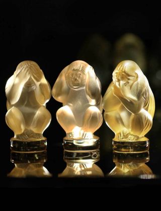 Lalique Crystal,  Wisdom Three Wise Monkeys,  Gold Luster Set 10490500