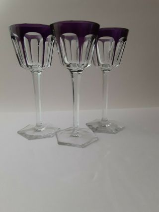 Baccarat Crystal Harcourt (1841 -) Set Of 3 Purple Wine Glasses 7 3/8 "