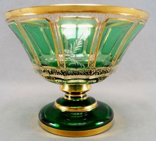 Moser Emerald Green Cut Clear Crystal & Gold Intaglio Engraved Floral Compote
