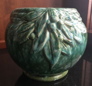 Mccoy Leaves & Berries Round Vase/ Planter W/ Green Onyx Glaze 6 1/2” H X 7” W.