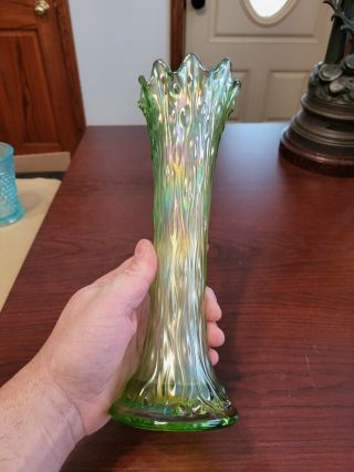 Wow Ice Green Northwood Carnival Glass Tree Trunk Vase Signed