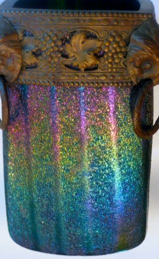 The Best Ever Large Iridescent Art Glass Vase W/bronze Owl Mounts
