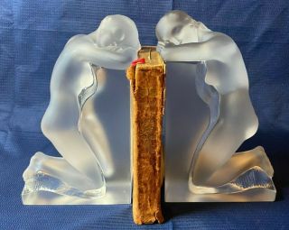 Lalique Clear & Frosted Crystal " Reverie " Nude Bookends Signed Model 11850