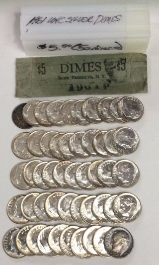 90 Silver Brill Unc Bank Roll Of 50 1961 Roosevelt Dimes $5 Face Value
