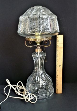 Signed HAWKES American Brilliant CUT GLASS TABLE LAMP HOBSTAR PANEL ABP CRYSTAL 4