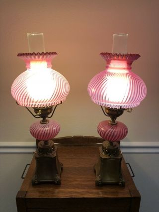 - Vintage Fenton Cranberry Opalescent Swirl Optic Student Lamps (2)